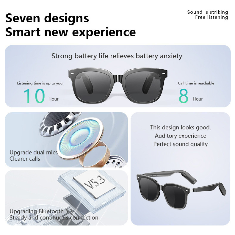 110mAh*2 Capacidad Gafas de sol Bluetooth con música 8-10 horas Lente de espejo negro brillante