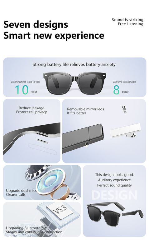 Tiempo de música de 8 horas Ultraligero BT 5.3 Bluetooth Gafas inteligentes con llamada 110mAh * 2 Capacidad